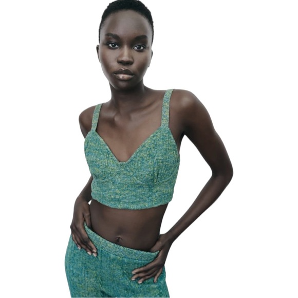 NWT Zara Marl Knit V-Neckline Corset Crop Top  In Color Green Size Medium - Picture 1 of 9